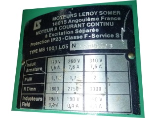 Plaque signalétique moteur à courant continu Leroy Somer